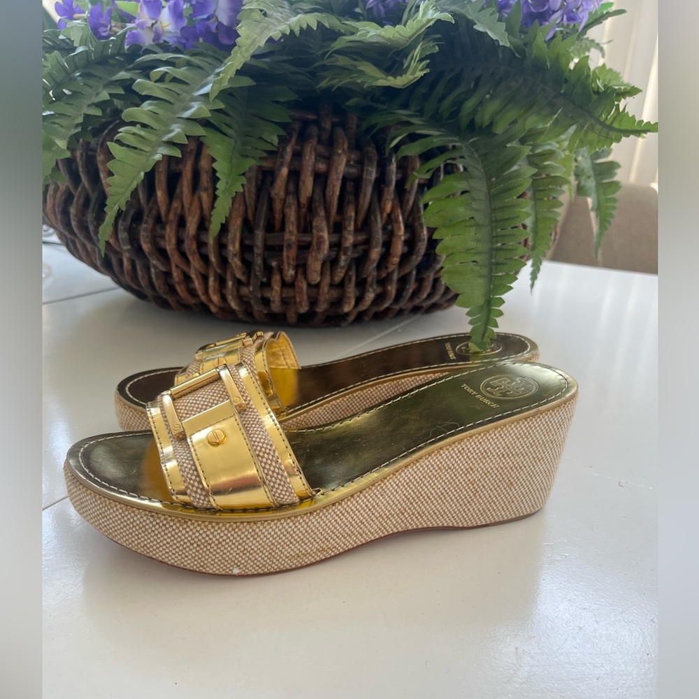 TORY BURCH wmn 9.5 M Platform Slides Sandals wedge Metallic Gold Leather